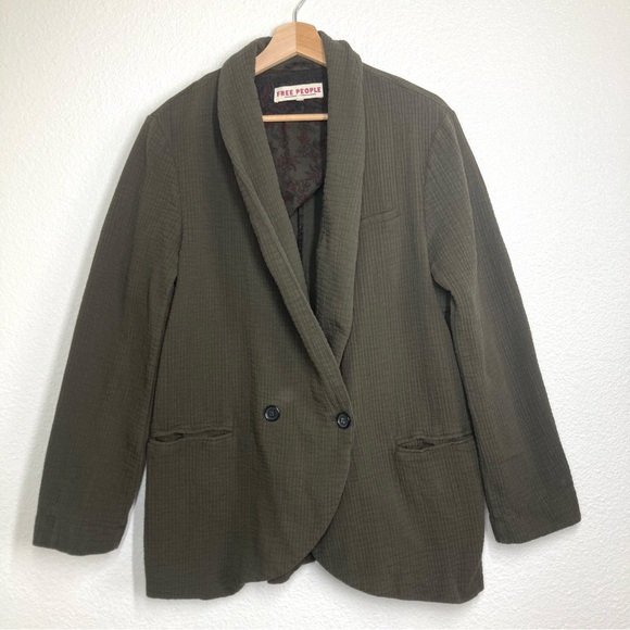 free People Rowan Blazer Gauze Cotton Olive Green Boho Médium Oversize Button Up - Picture 4 of 16